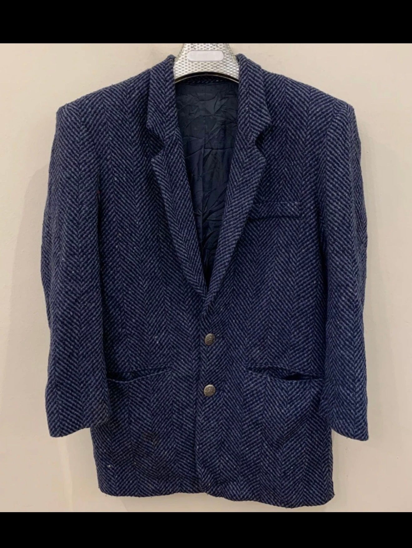 Vintage herringbone Wool Silk blend tweed classic blue hunting jacket blazer 40S