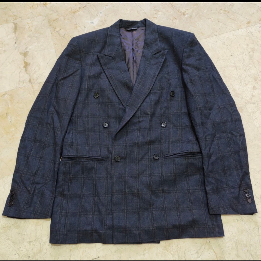 Vintage wool cashmere Windowpane charcoal double breasted jacket blazer 36R