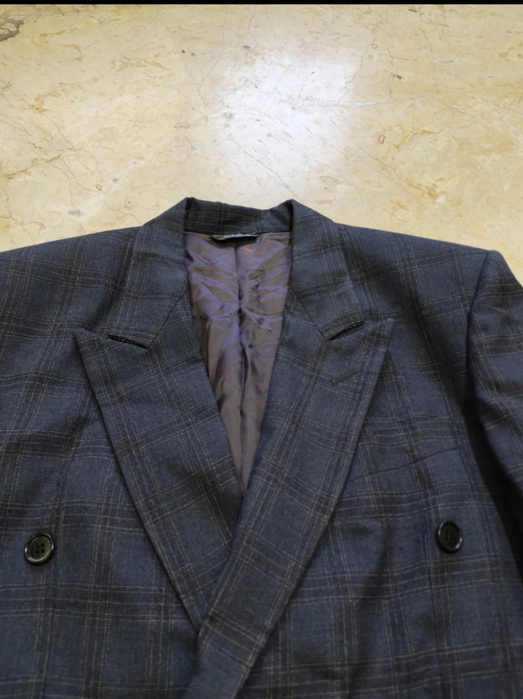 Vintage wool cashmere Windowpane charcoal double breasted jacket blazer 36R