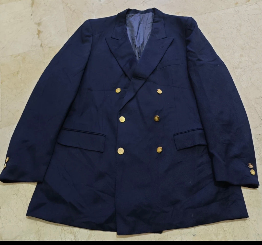 Vintage pure wool double breasted classic gold button navy jacket blazer 40R