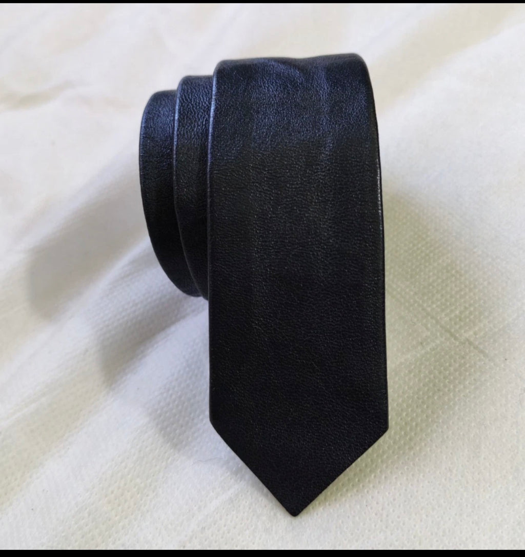 Vintage handmade classic Genuine leather luxury grayish blue skinny neck tie