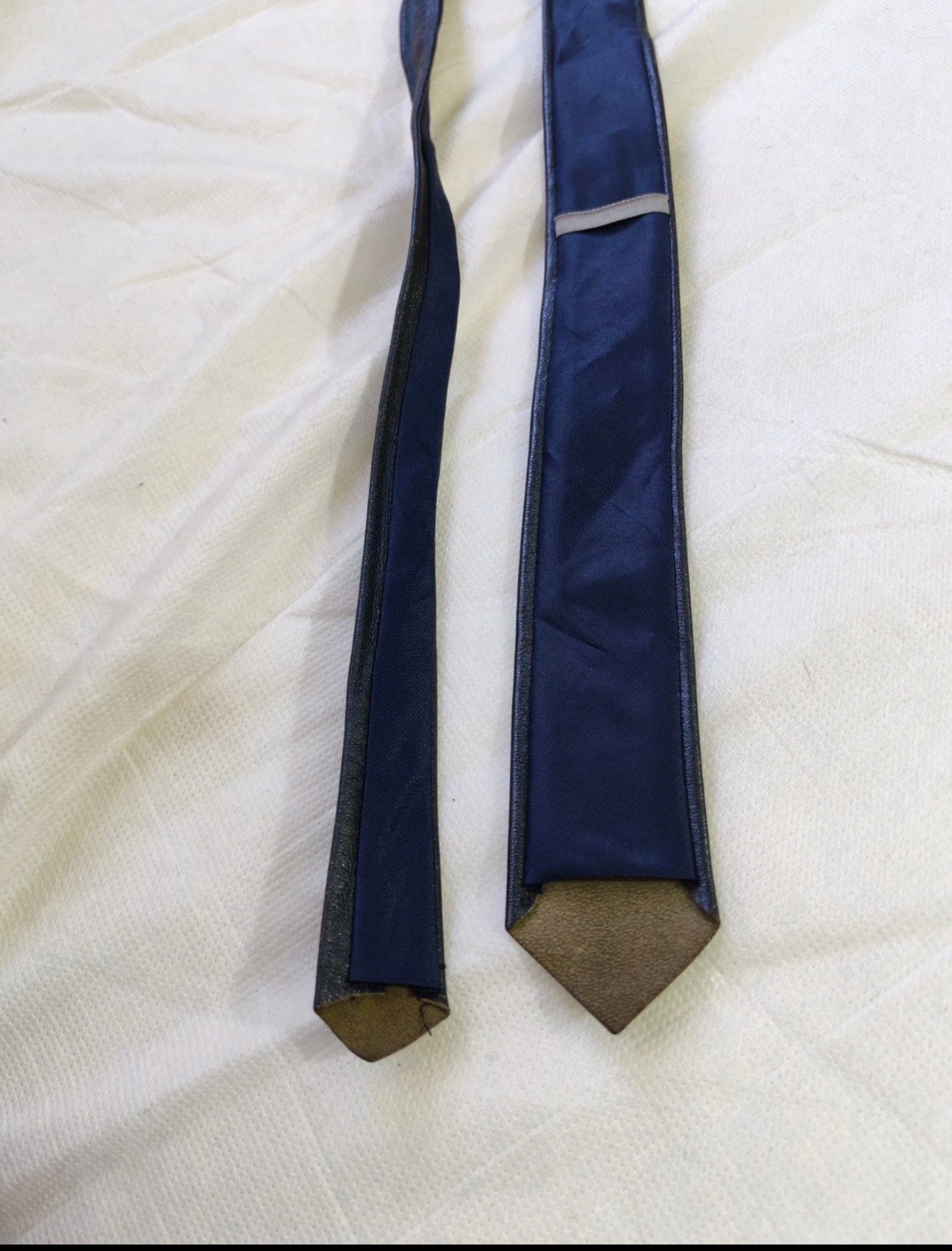 Vintage handmade classic Genuine leather luxury grayish blue skinny neck tie
