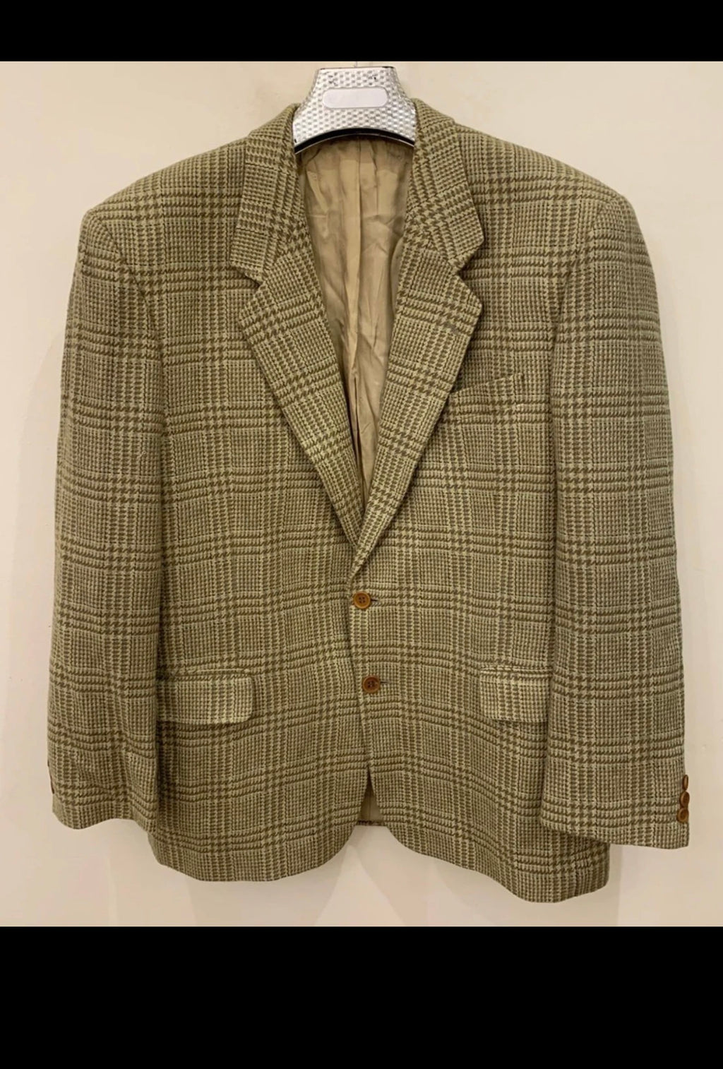 Vintage pure wool tweed glen check green classic hunting jacket blazer 44R