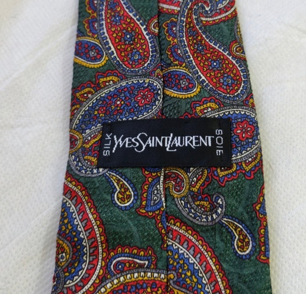 Vintage Yves Saint Laurent YSL 100% all silk Retro luxury paisley green neck tie