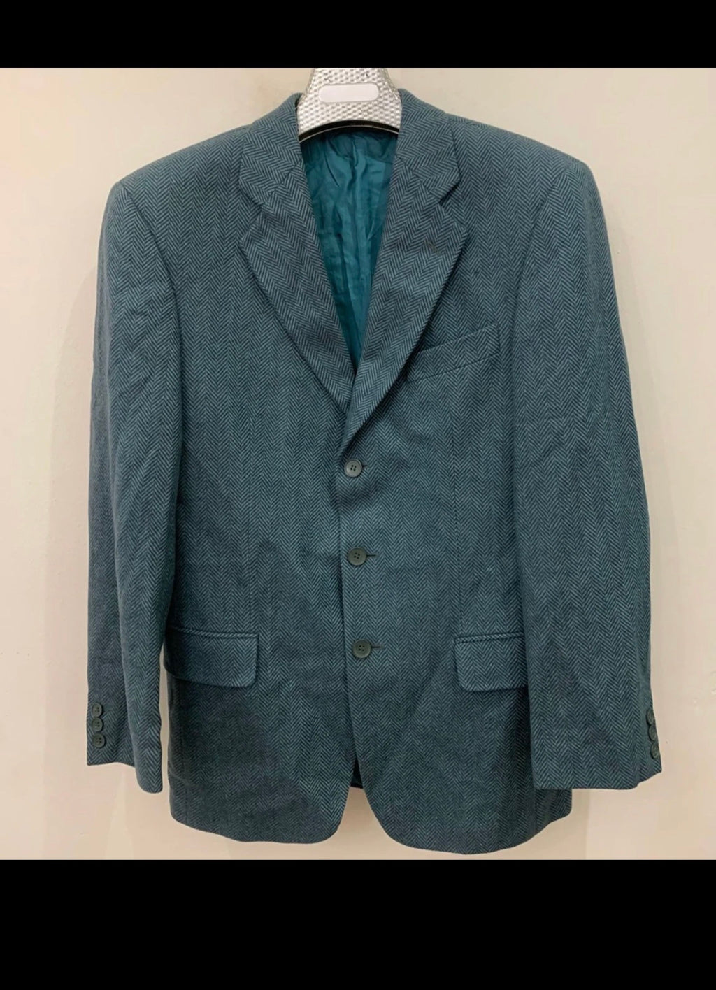 Vintage pure wool tweed herringbone classic turquoise jacket blazer 38R