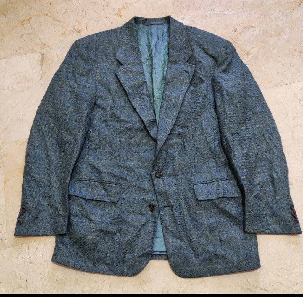 Vintage pure wool tweed Windowpane turquoise classic hunting jacket blazer 38R