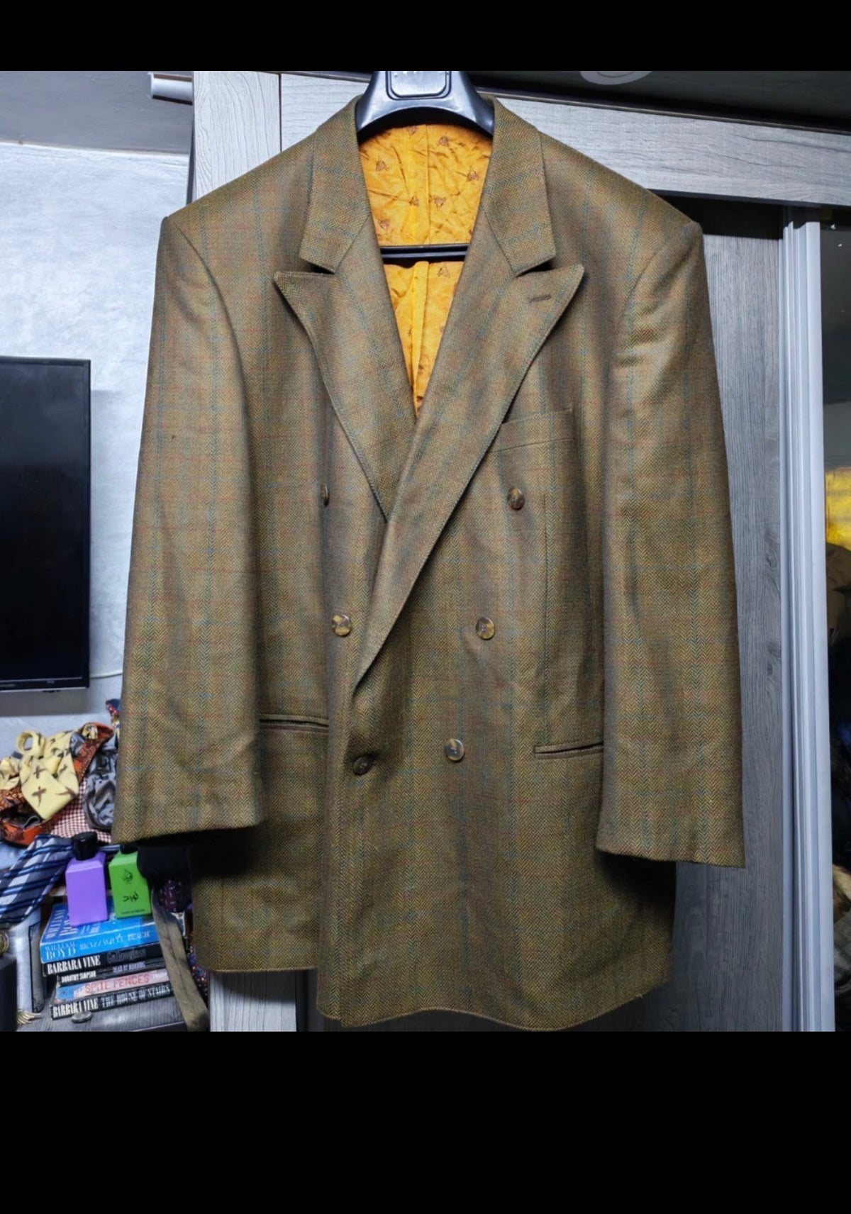 Vintage pure wool soft tweed Windowpane double breasted jacket blazer 48R XL