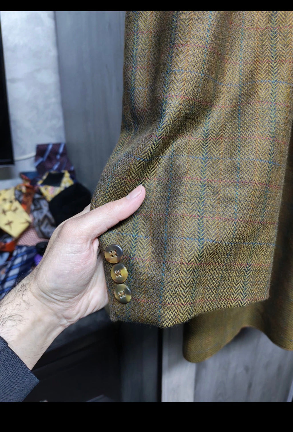 Vintage pure wool soft tweed Windowpane double breasted jacket blazer 48R XL