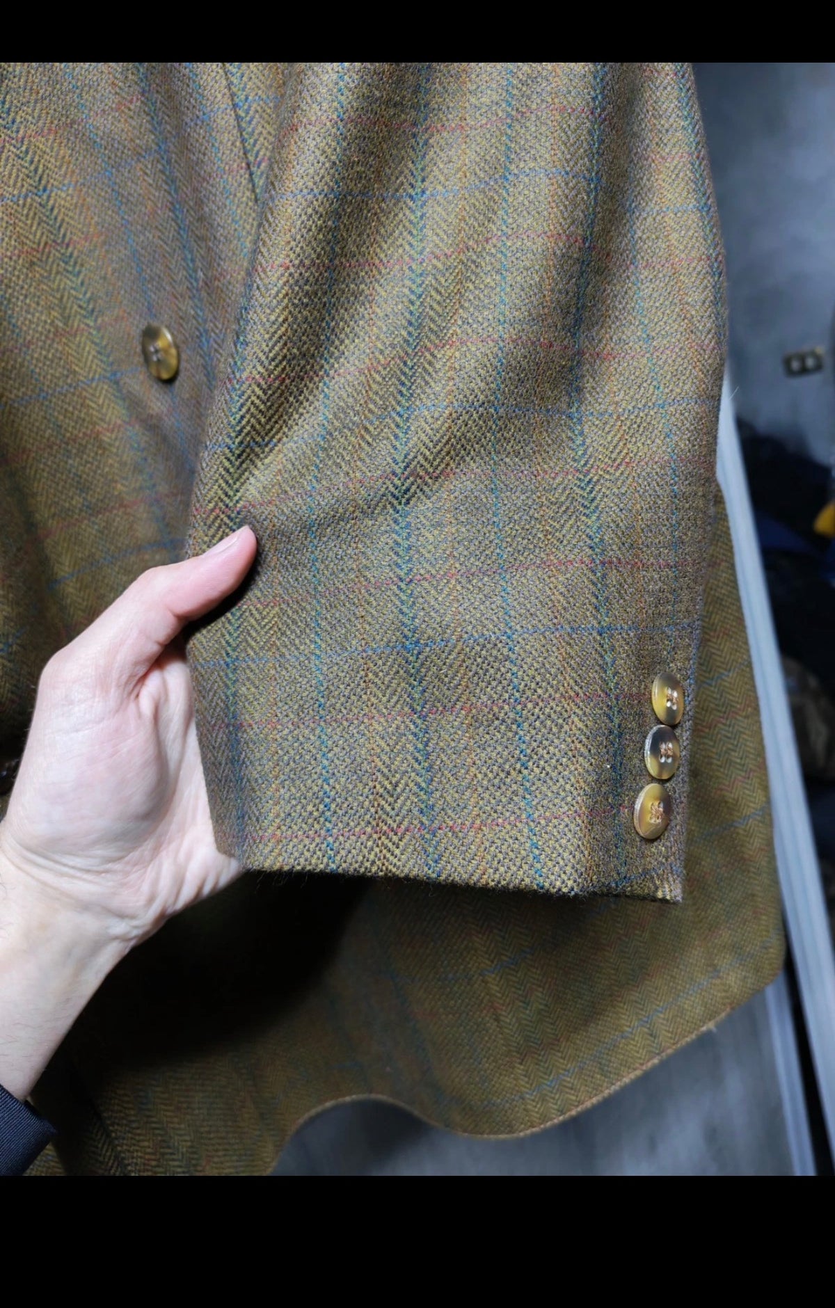 Vintage pure wool soft tweed Windowpane double breasted jacket blazer 48R XL