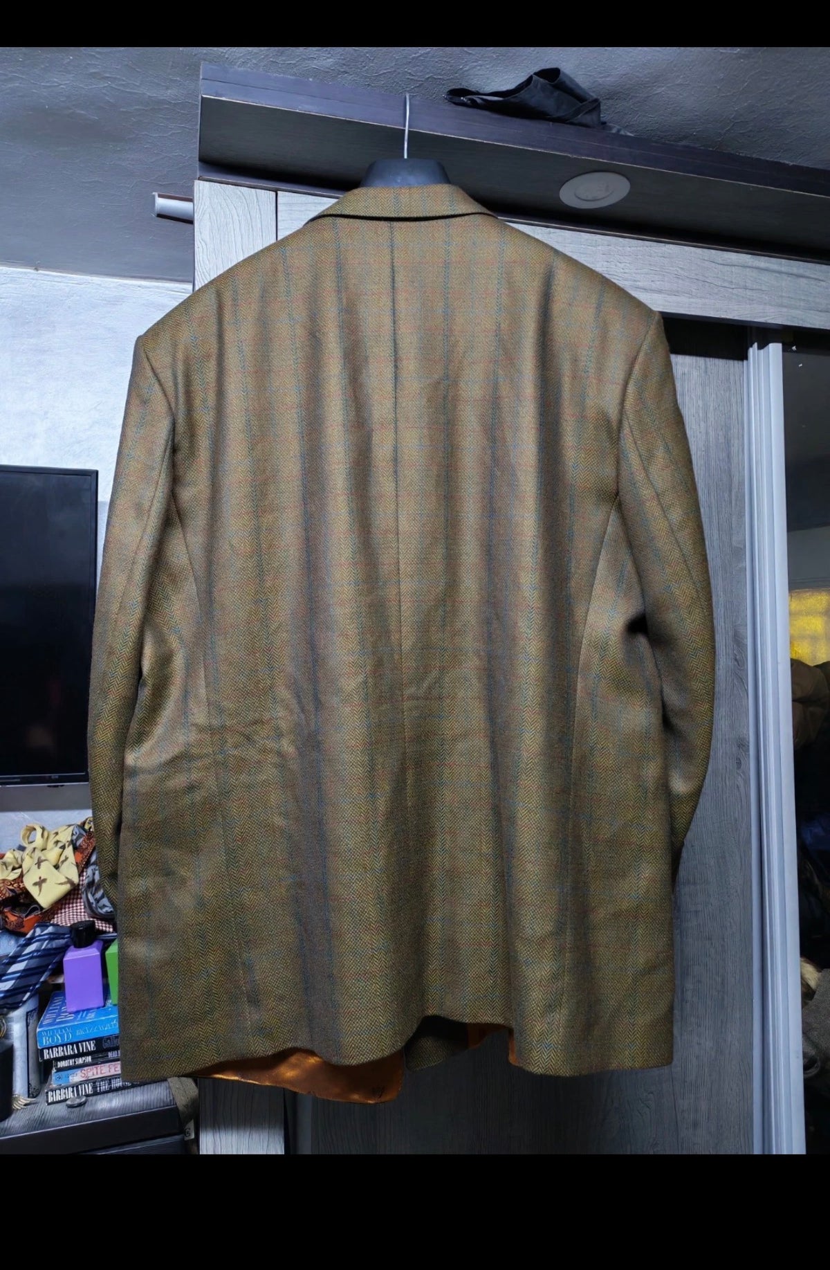 Vintage pure wool soft tweed Windowpane double breasted jacket blazer 48R XL
