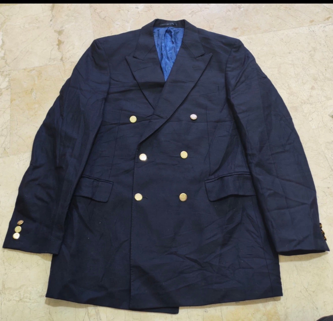 Vintage pure wool double breasted classic gold button navy jacket blazer 42L