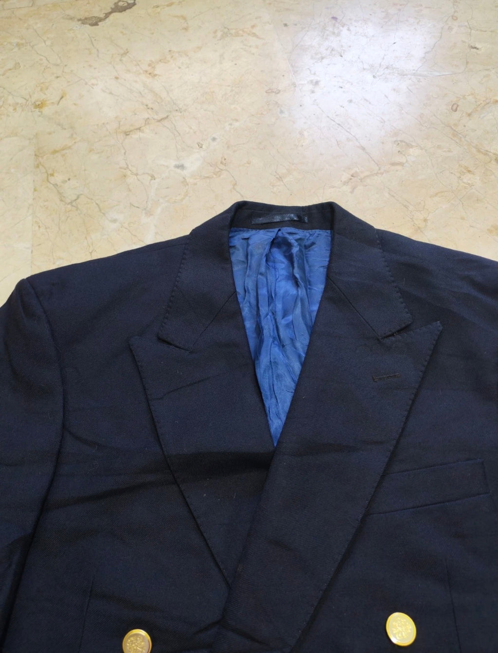 Vintage pure wool double breasted classic gold button navy jacket blazer 42L