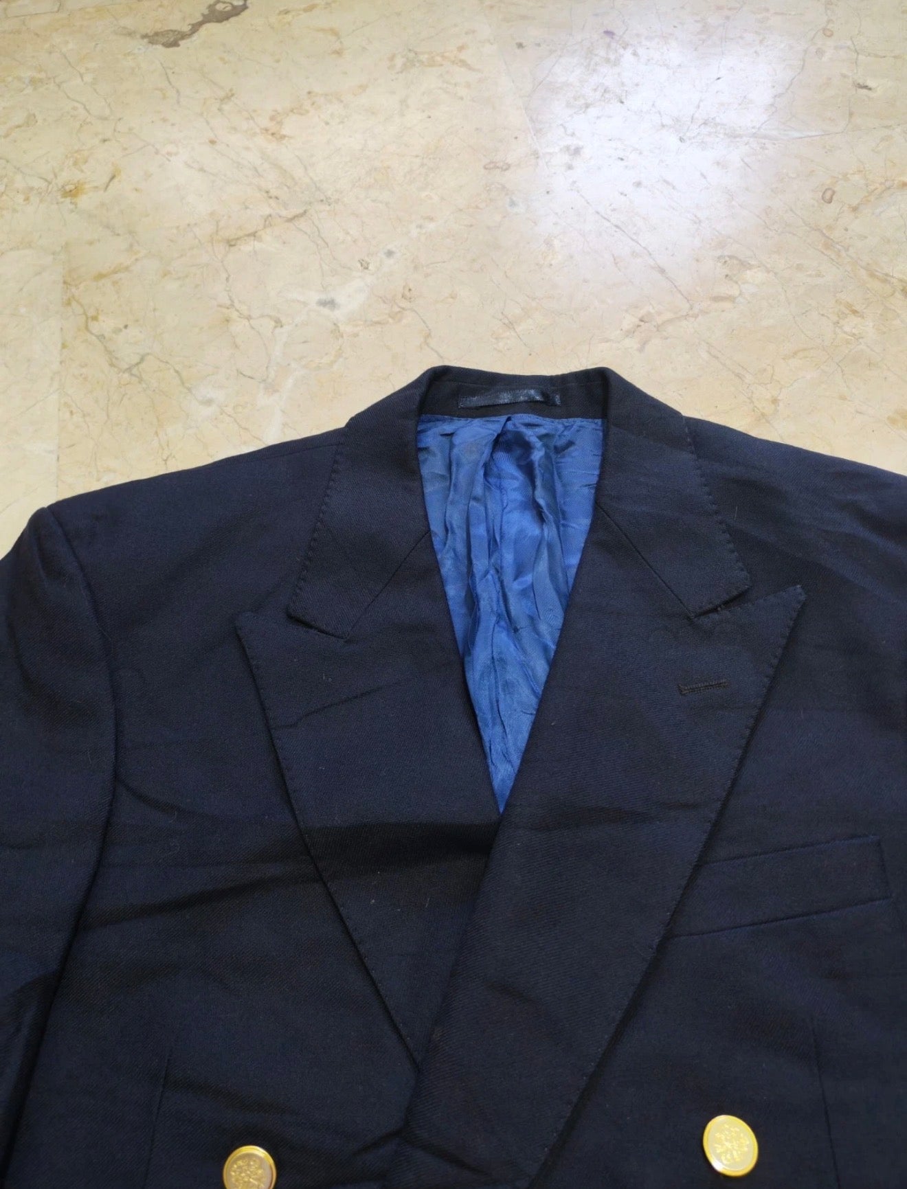 Vintage pure wool double breasted classic gold button navy jacket blazer 42L