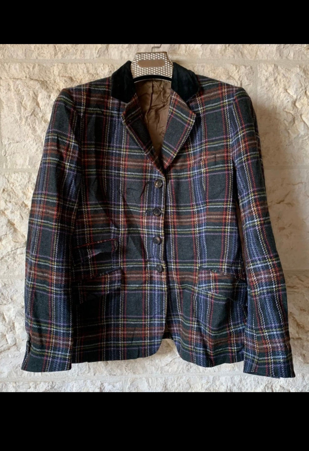 Classic Buckingham pure wool tartan plaid velvet collar jacket blazer 38 S 8
