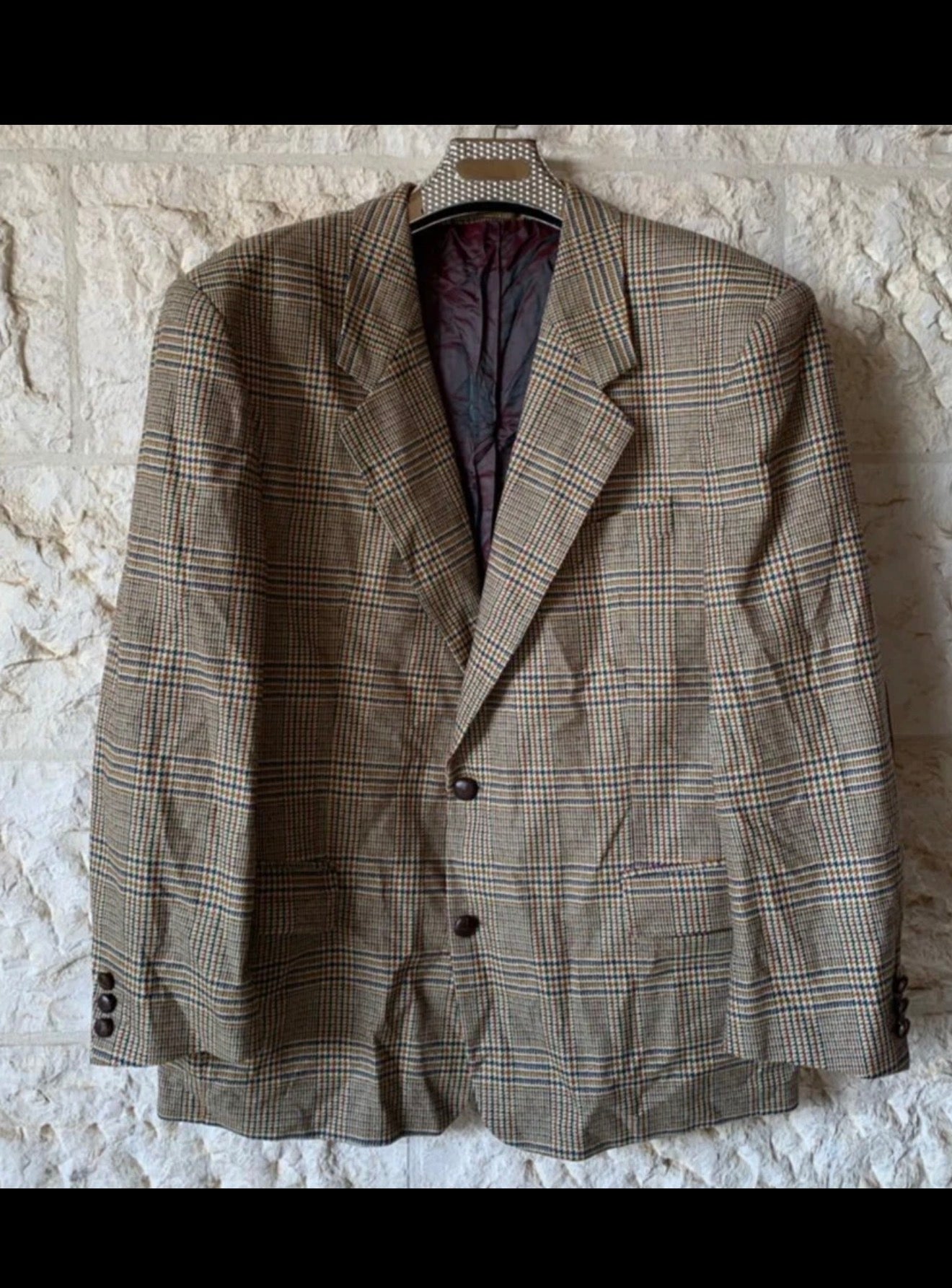 Vintage Wool Cashmere classic glen check brown hunting jacket blazer 44R