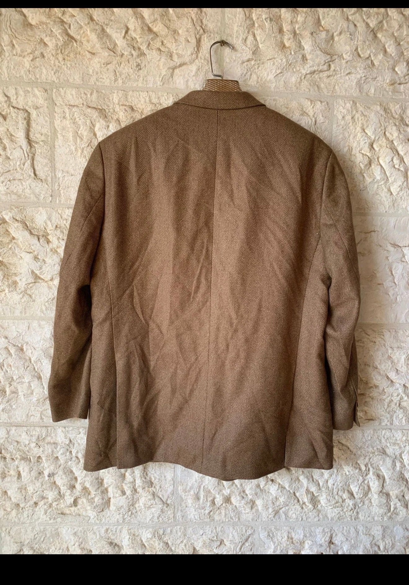 Vintage Silk Wool Cashmere herringbone brown classic jacket blazer 46R XL