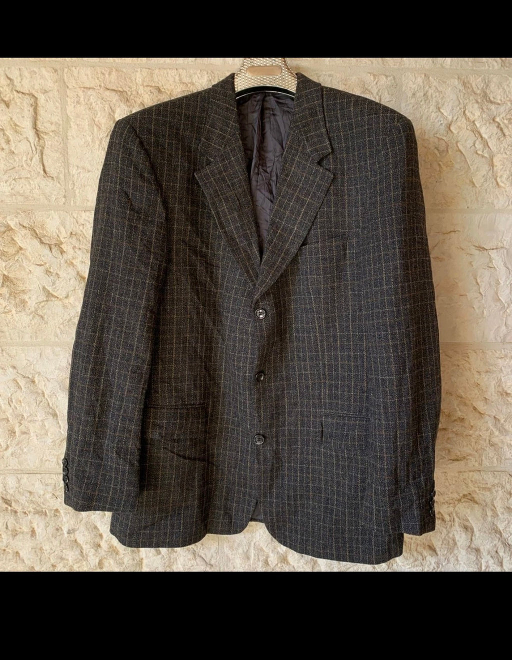 Vintage wool mohair Windowpane classic charcoal hunting jacket blazer 44L