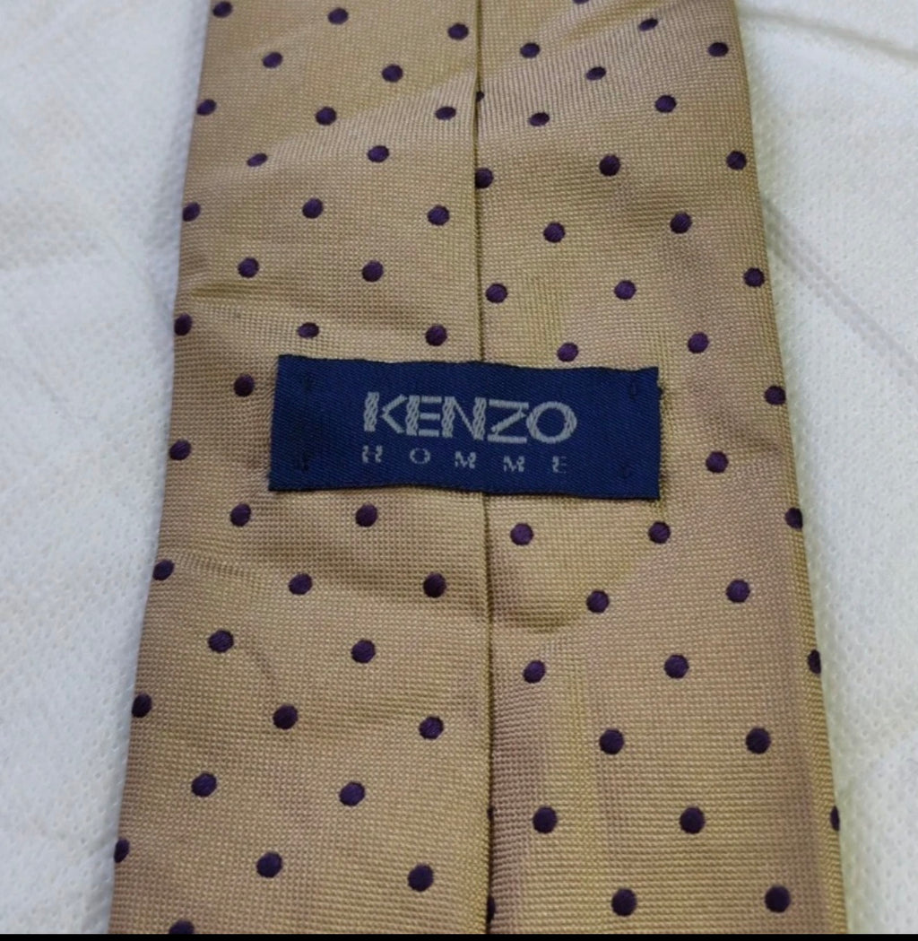 Vintage Kenzo homme classic 100% all silk luxury brown polkadots neck tie