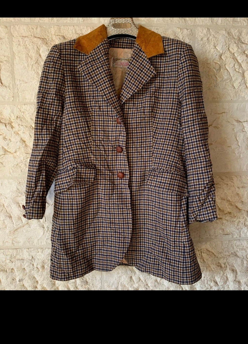 Vintage wool blend houndstooth plaid suede collar classic jacket coat 36 S 6