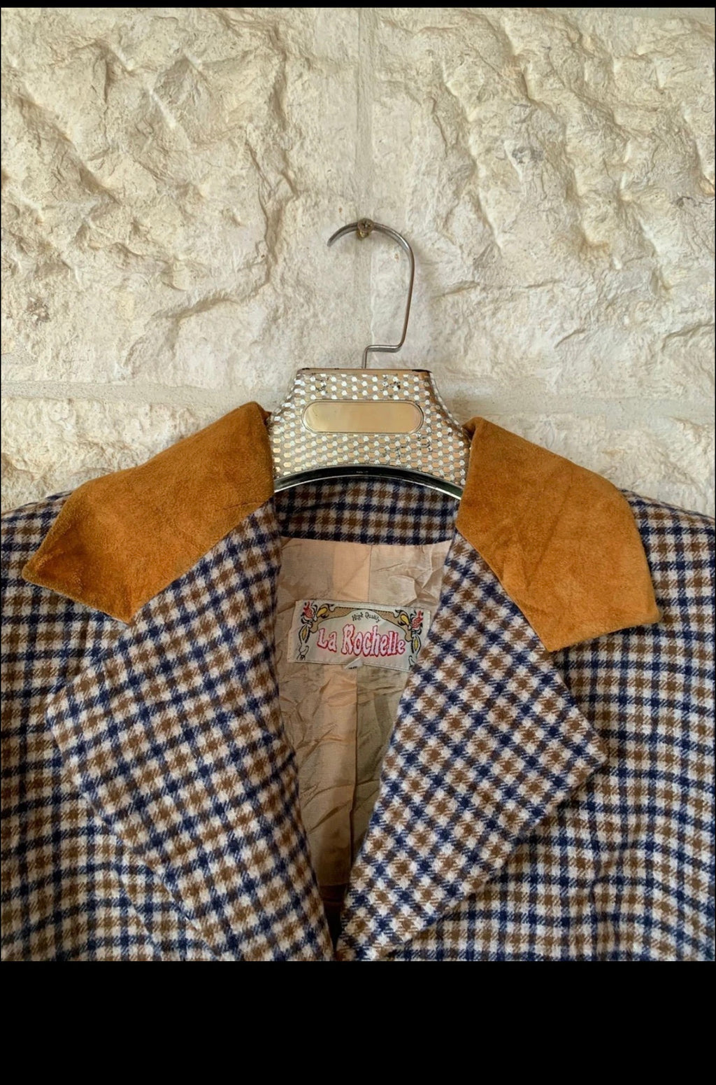 Vintage wool blend houndstooth plaid suede collar classic jacket coat 36 S 6