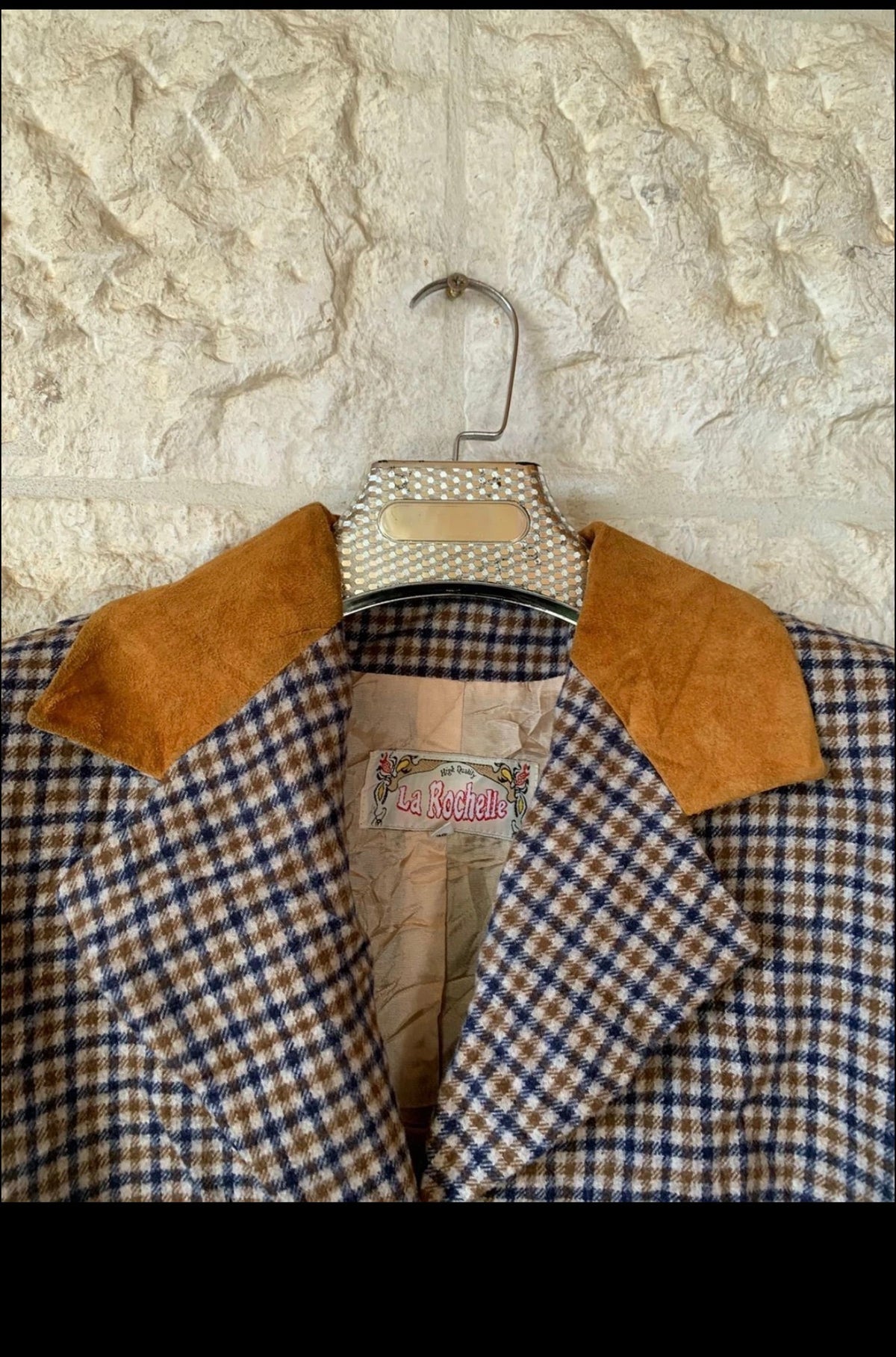 Vintage wool blend houndstooth plaid suede collar classic jacket coat 36 S 6