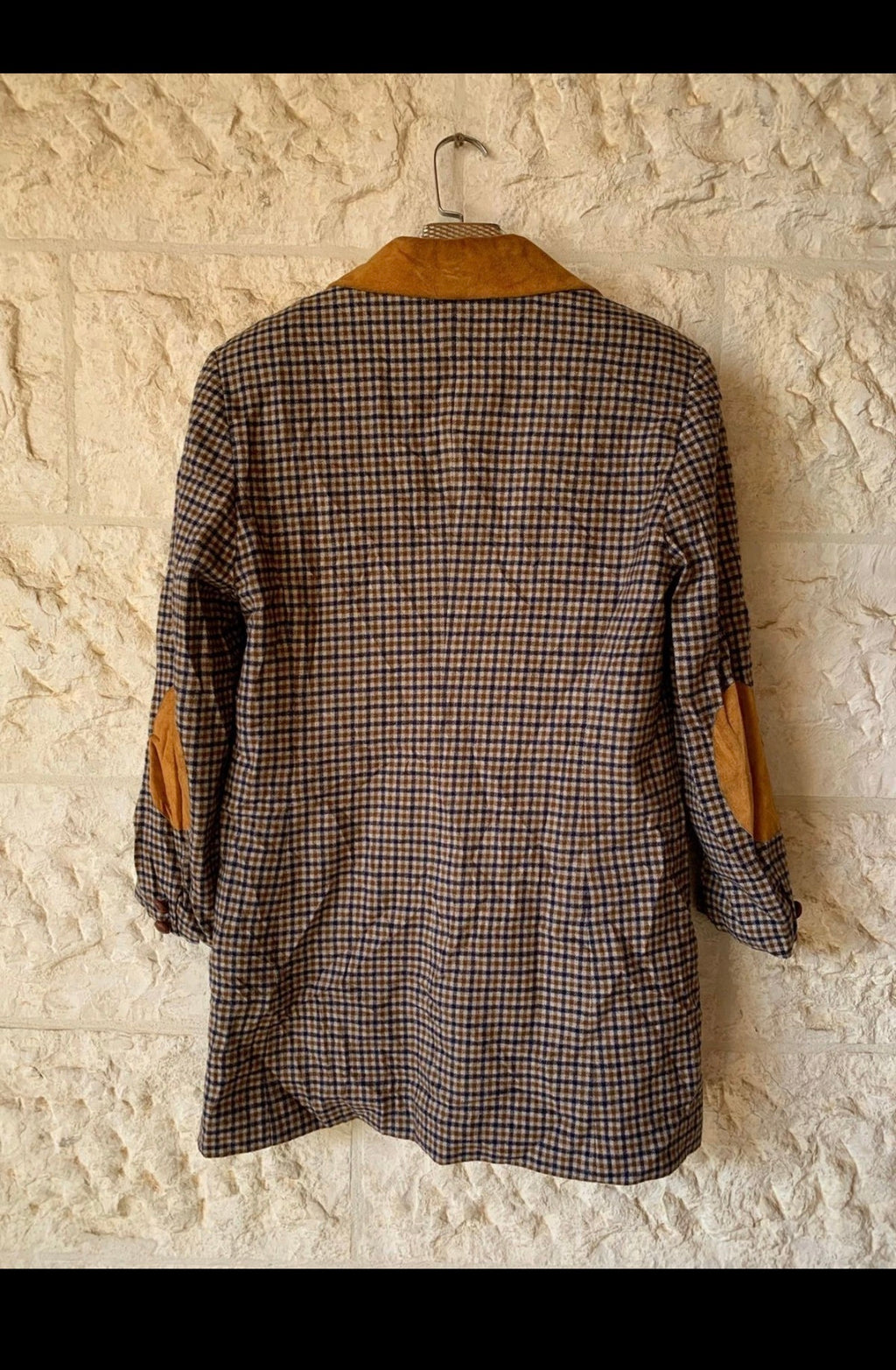 Vintage wool blend houndstooth plaid suede collar classic jacket coat 36 S 6