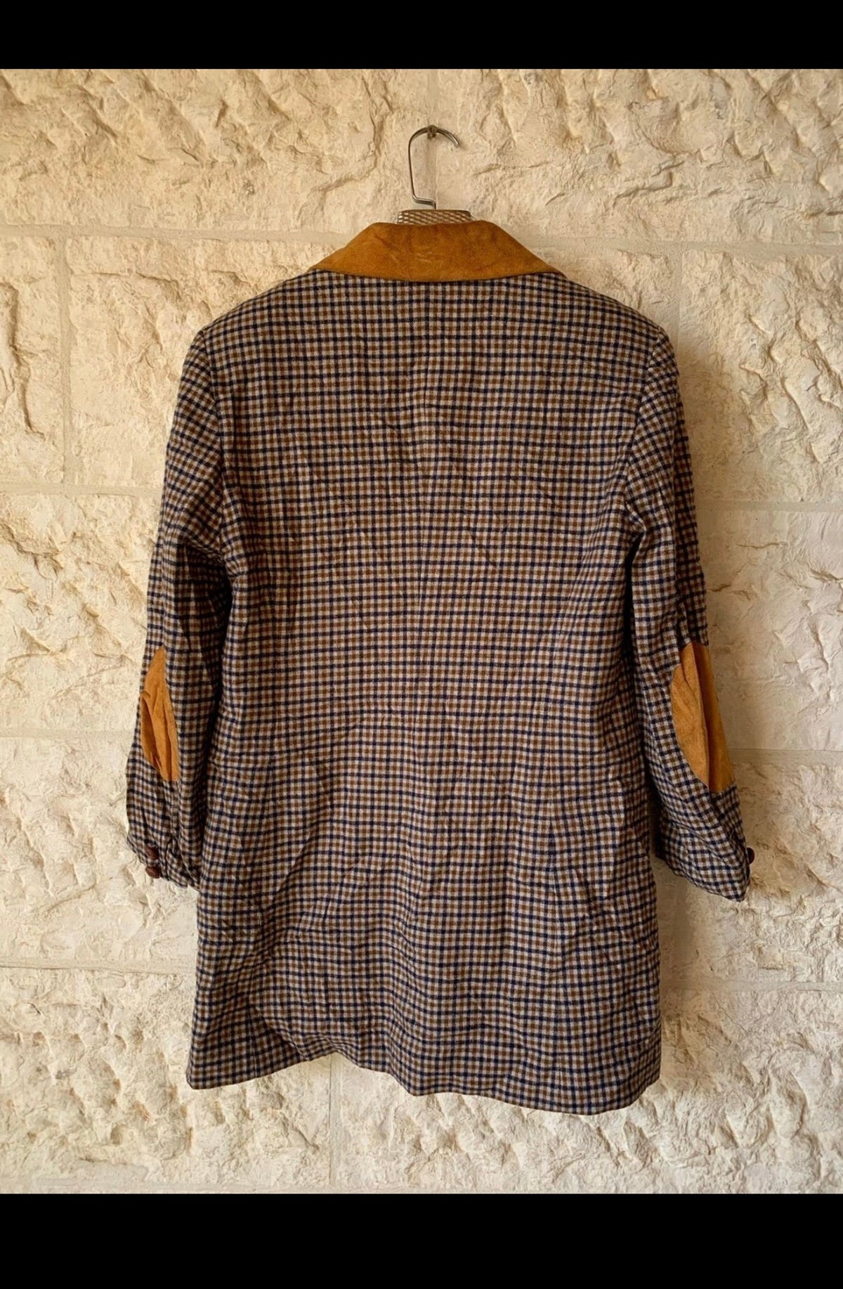 Vintage wool blend houndstooth plaid suede collar classic jacket coat 36 S 6