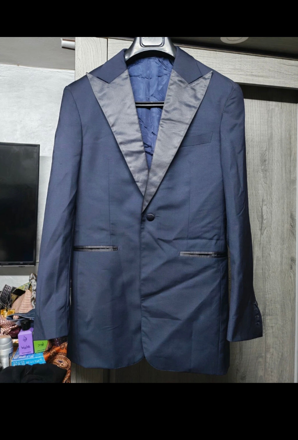 Vintage handtailored Superfine pure wool navy Night Tuxedo jacket blazer 36R 36L