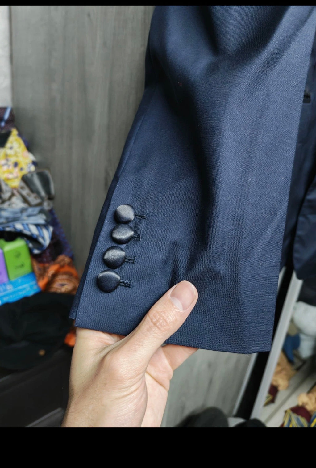 Vintage handtailored Superfine pure wool navy Night Tuxedo jacket blazer 36R 36L