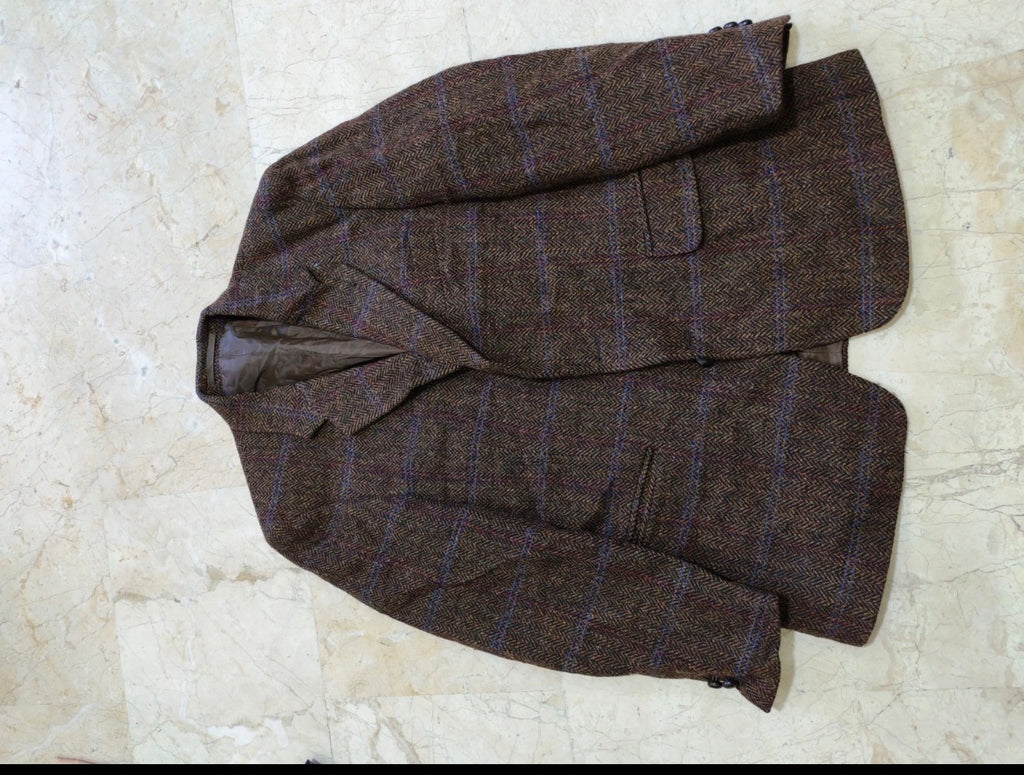 Vintage Harris Tweed Windowpane handwoven wool brown hunting jacket blazer 38R