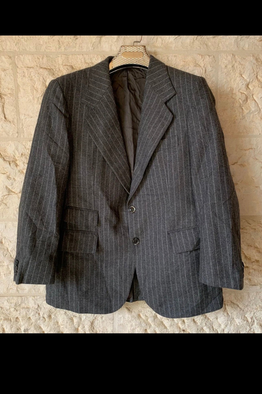 1970s vintage pure wool classic chalk stripe charcoal suit jacket blazer 40R 40S