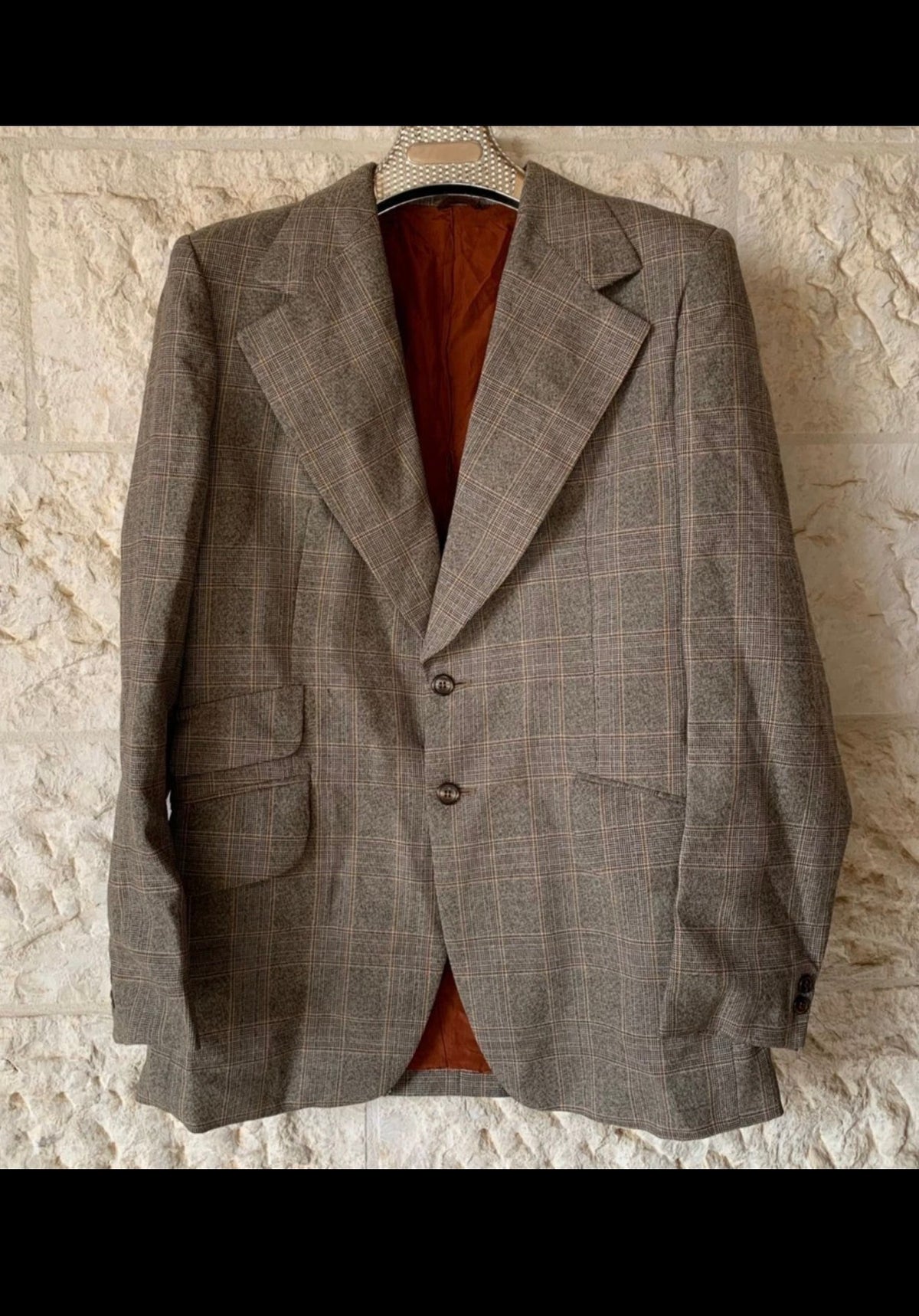1970s Vintage worsted wool glen check classic Brown suit jacket blazer 38R 38L