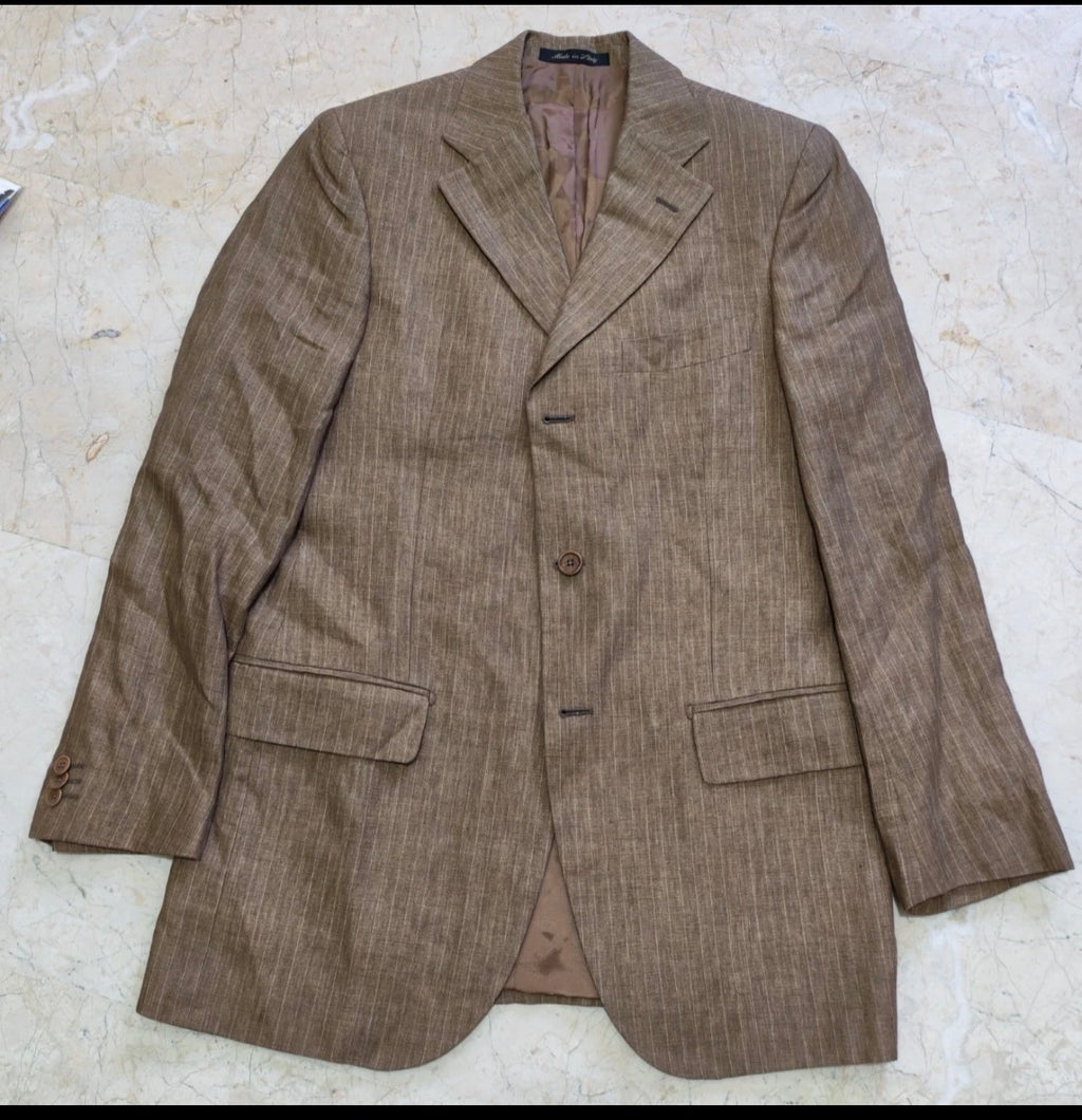 Vintage 100% pure Linen Classic brown striped summer jacket blazer 36R