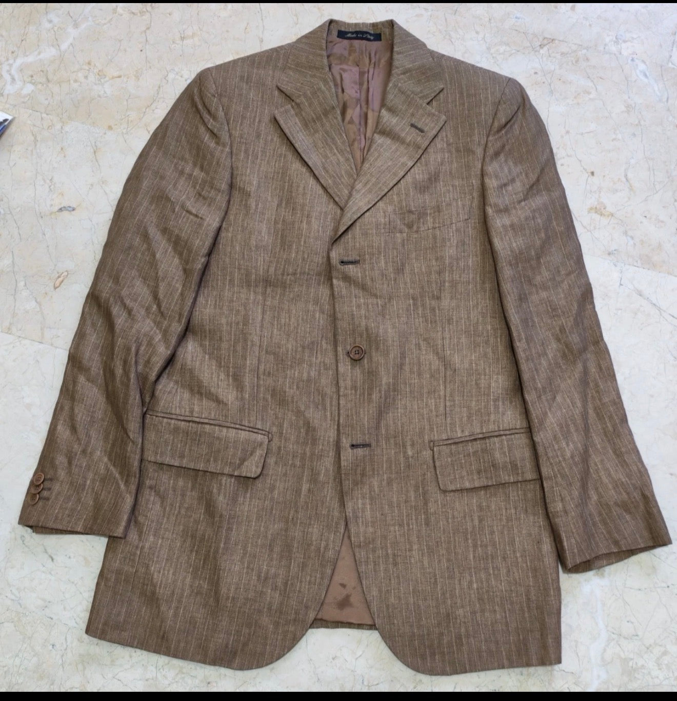 Vintage 100% pure Linen Classic brown striped summer jacket blazer 36R