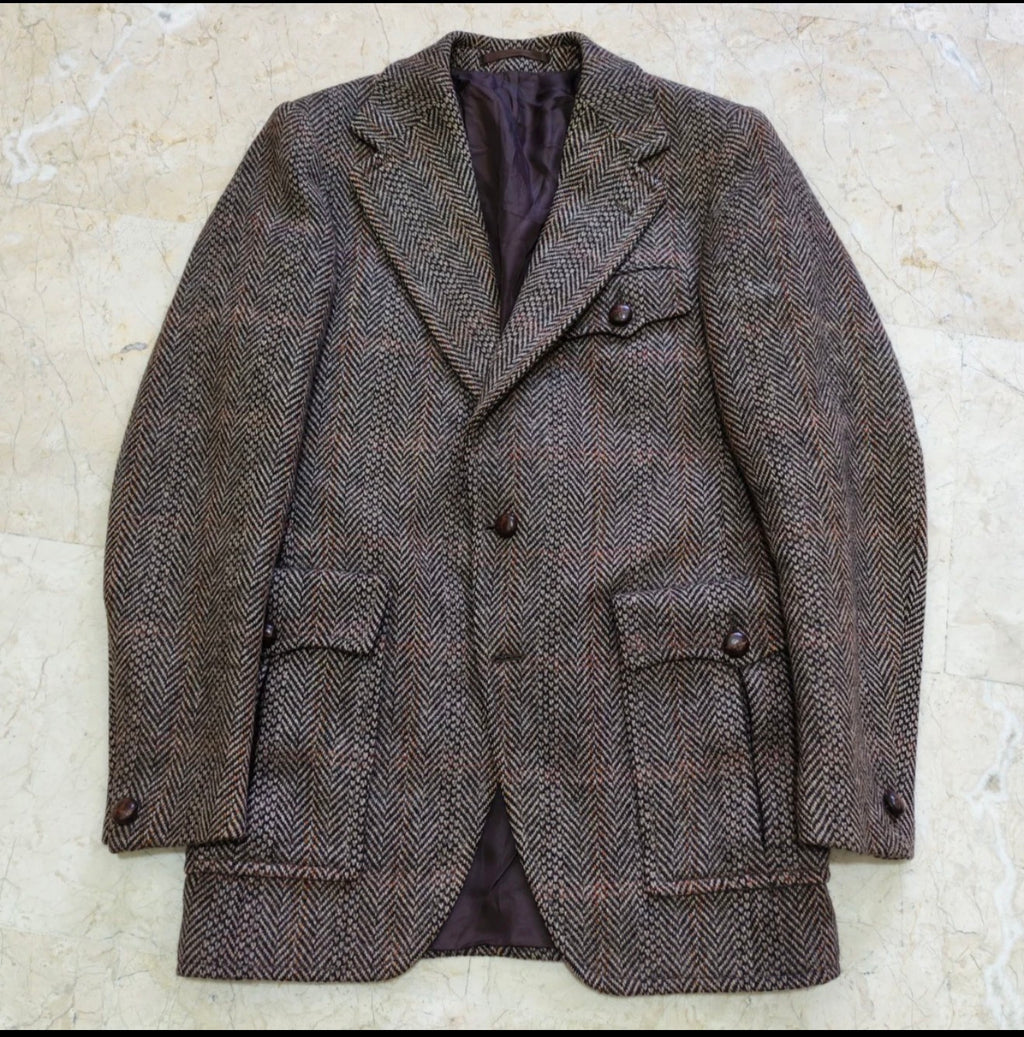 1970s Vintage pure wool handwoven tweed brown belted hunting jacket blazer 36R