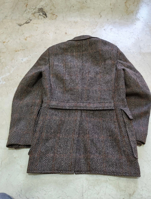 1970s Vintage pure wool handwoven tweed brown belted hunting jacket blazer 36R