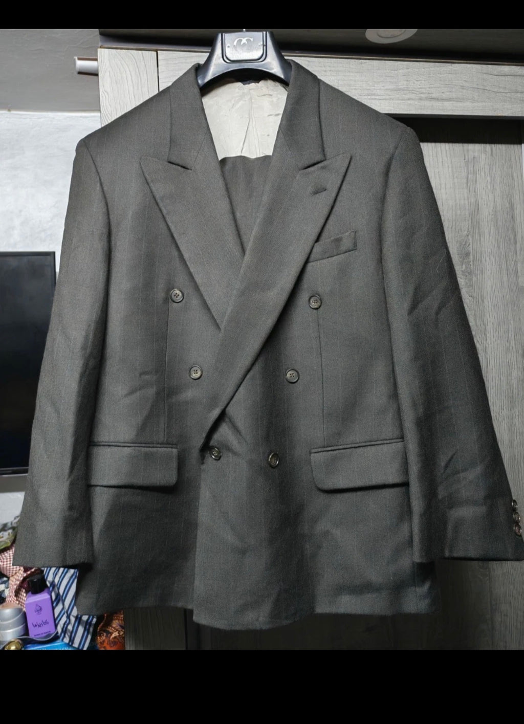 Vintage pure wool double breasted classic gangster striped green suit 40R