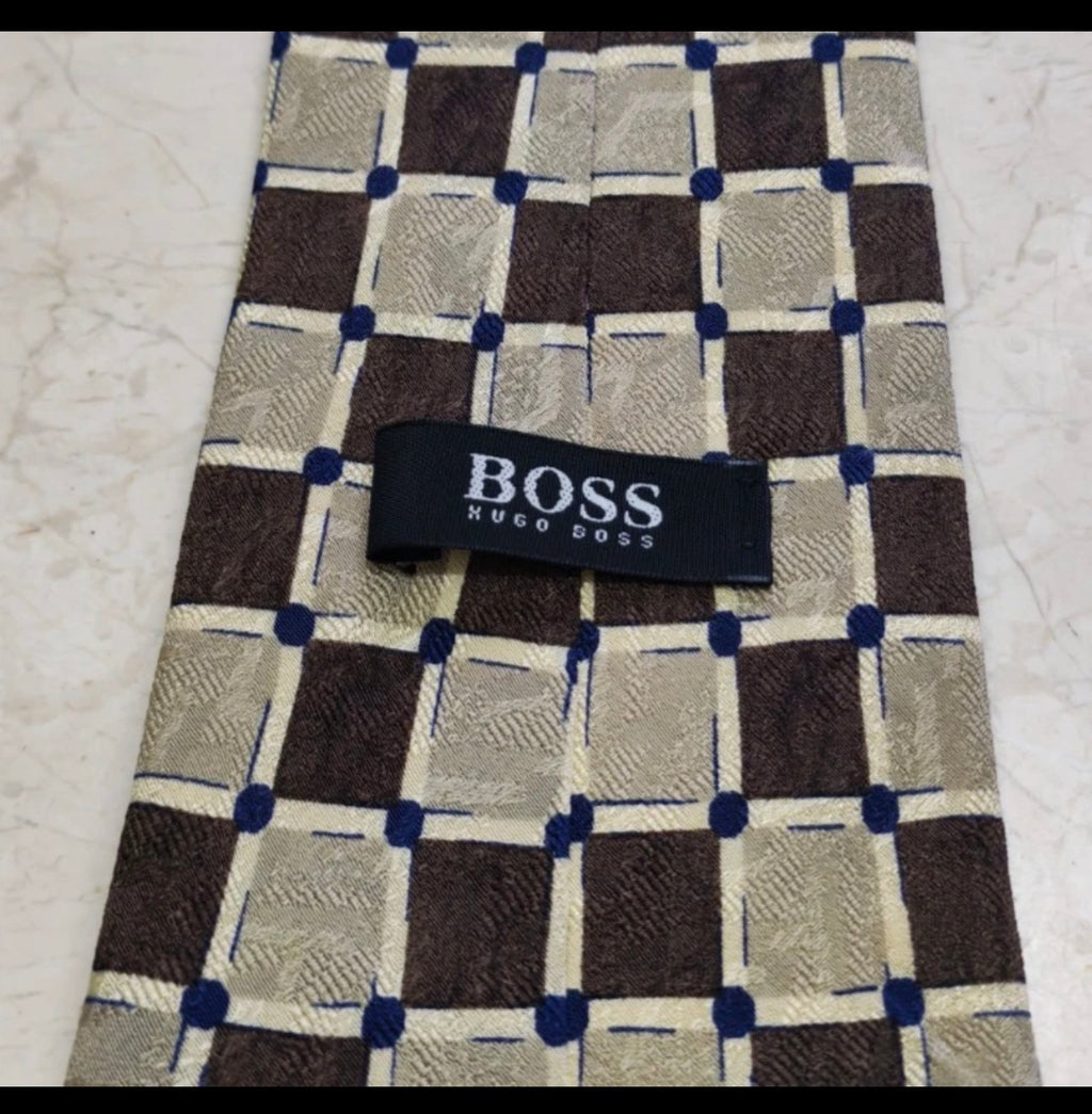 Vintage Hugo Boss classic 100% all silk Retro luxury brown windowpane neck tie
