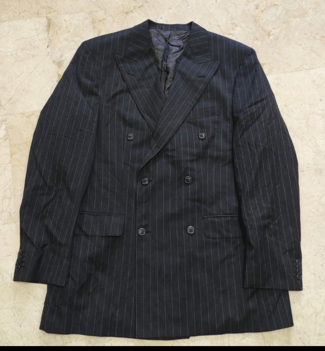 Vintage pure wool double breasted charcoal chalk stripes jacket blazer 42L
