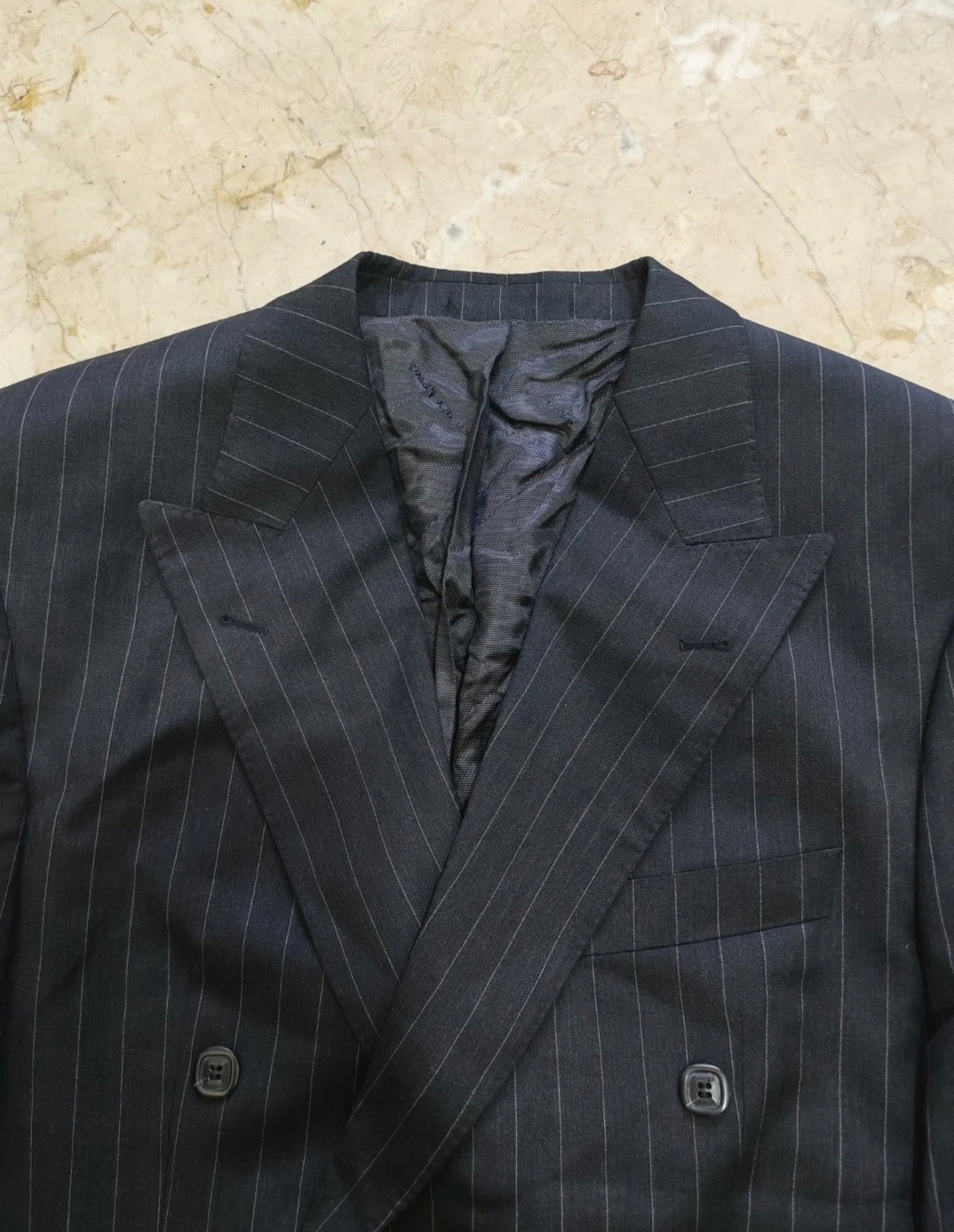 Vintage pure wool double breasted charcoal chalk stripes jacket blazer 42L