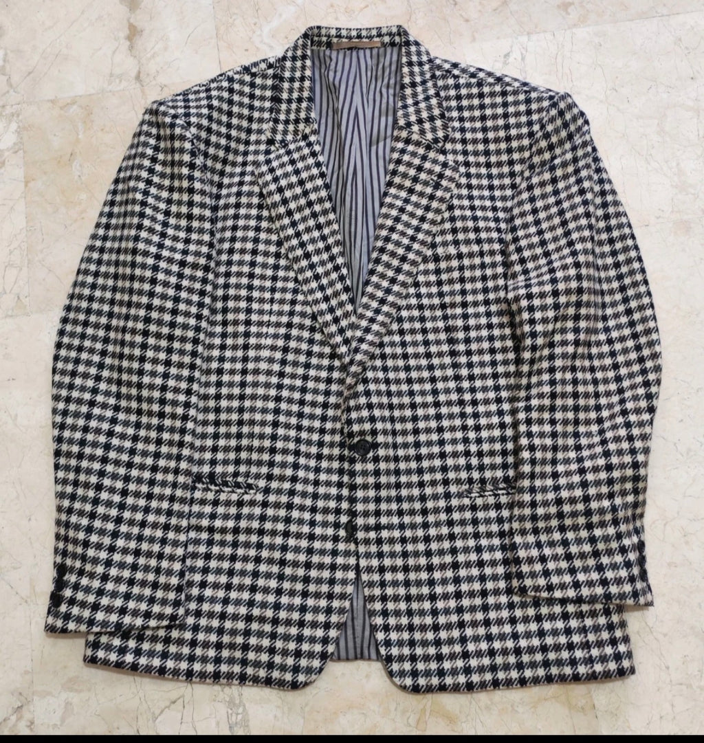 Vintage houndstooth plaid pure wool tweed classic hunting jacket blazer 42R