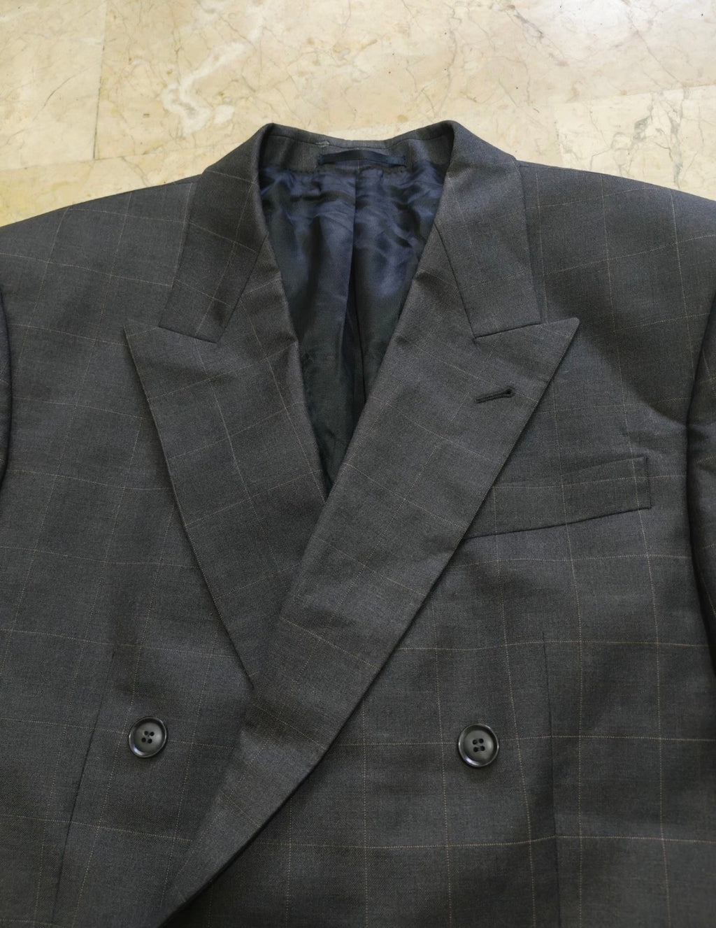 Vintage all worsted wool double breasted charcoal classic windowpane suit 42R