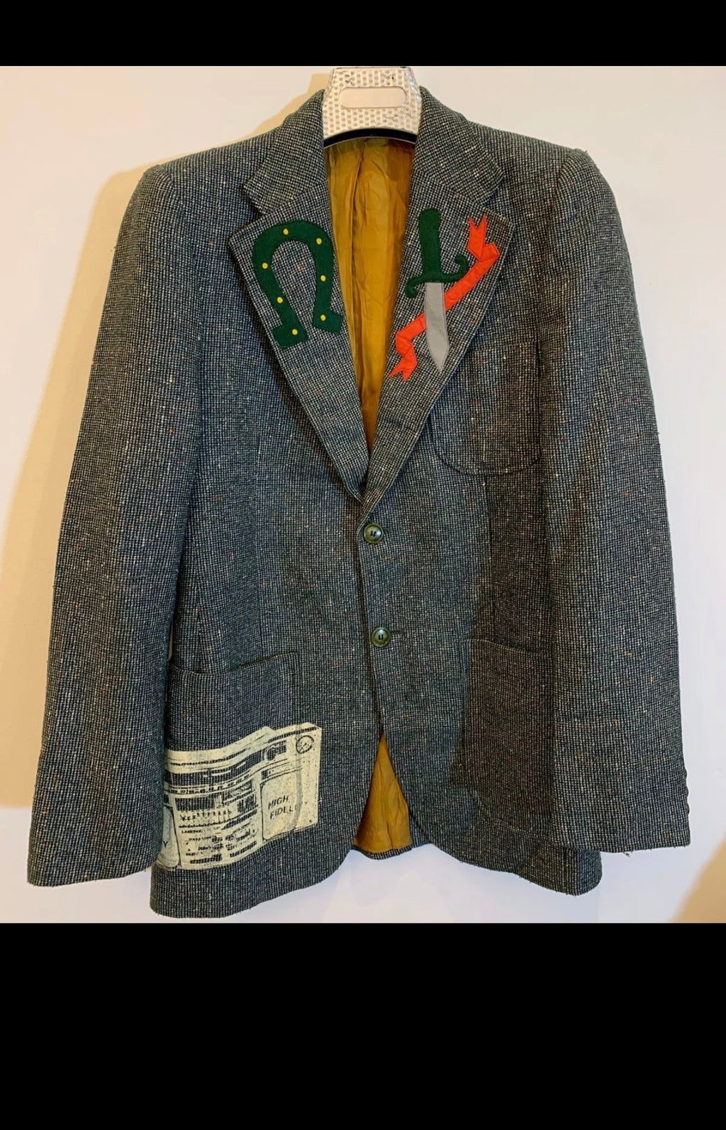 Unique rare style wool blend camouflage patch works green jacket blazer 34R 34L