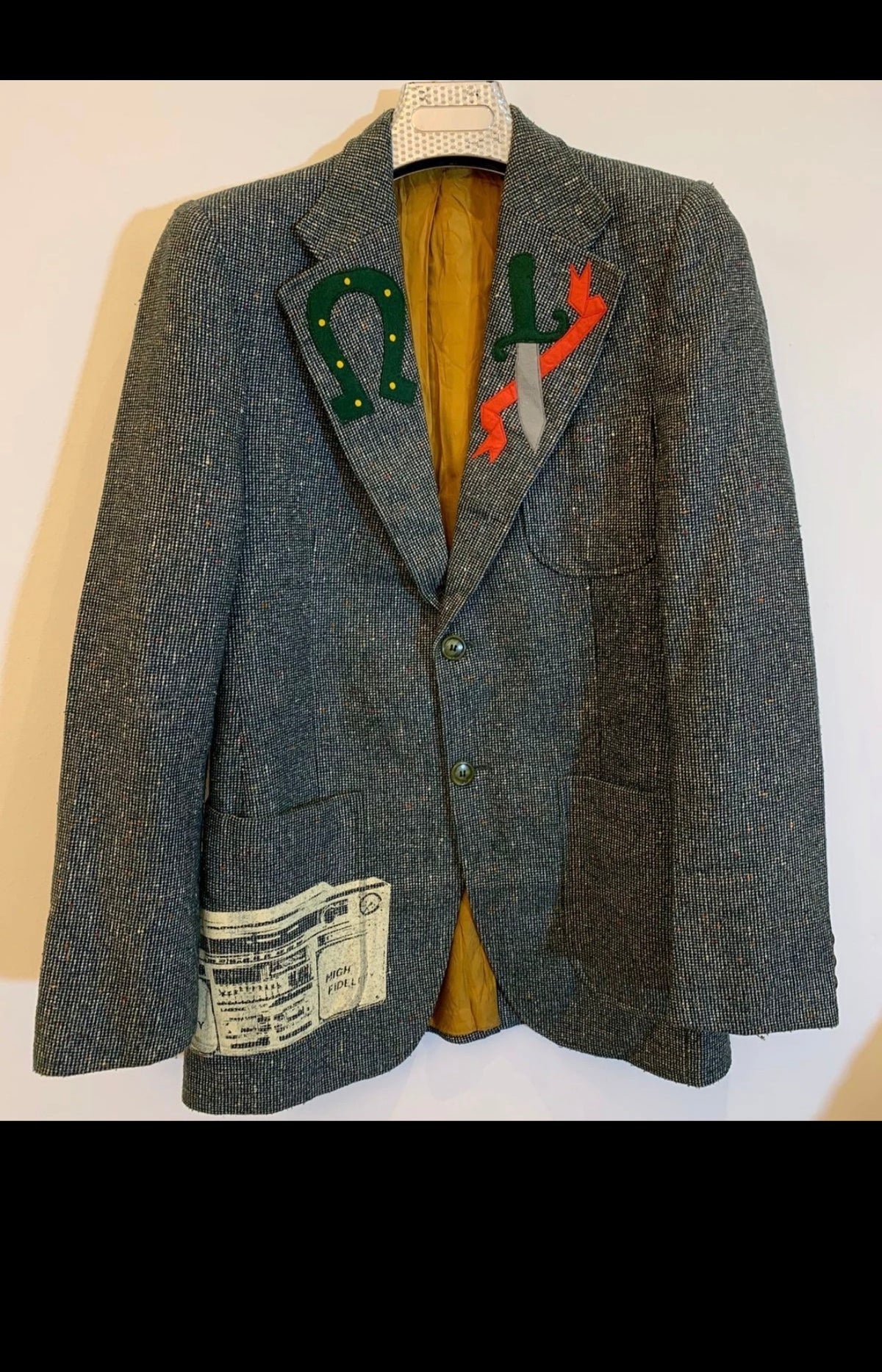 Unique rare style wool blend camouflage patch works green jacket blazer 34R 34L