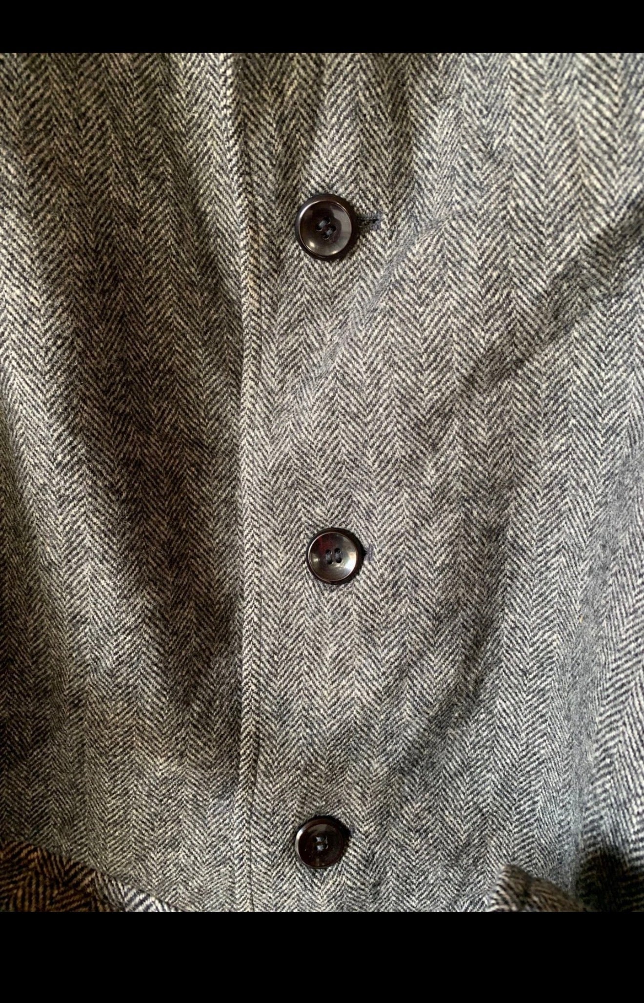 Vintage pure wool handwoven tweed belted herringbone charcoal over coat 42R