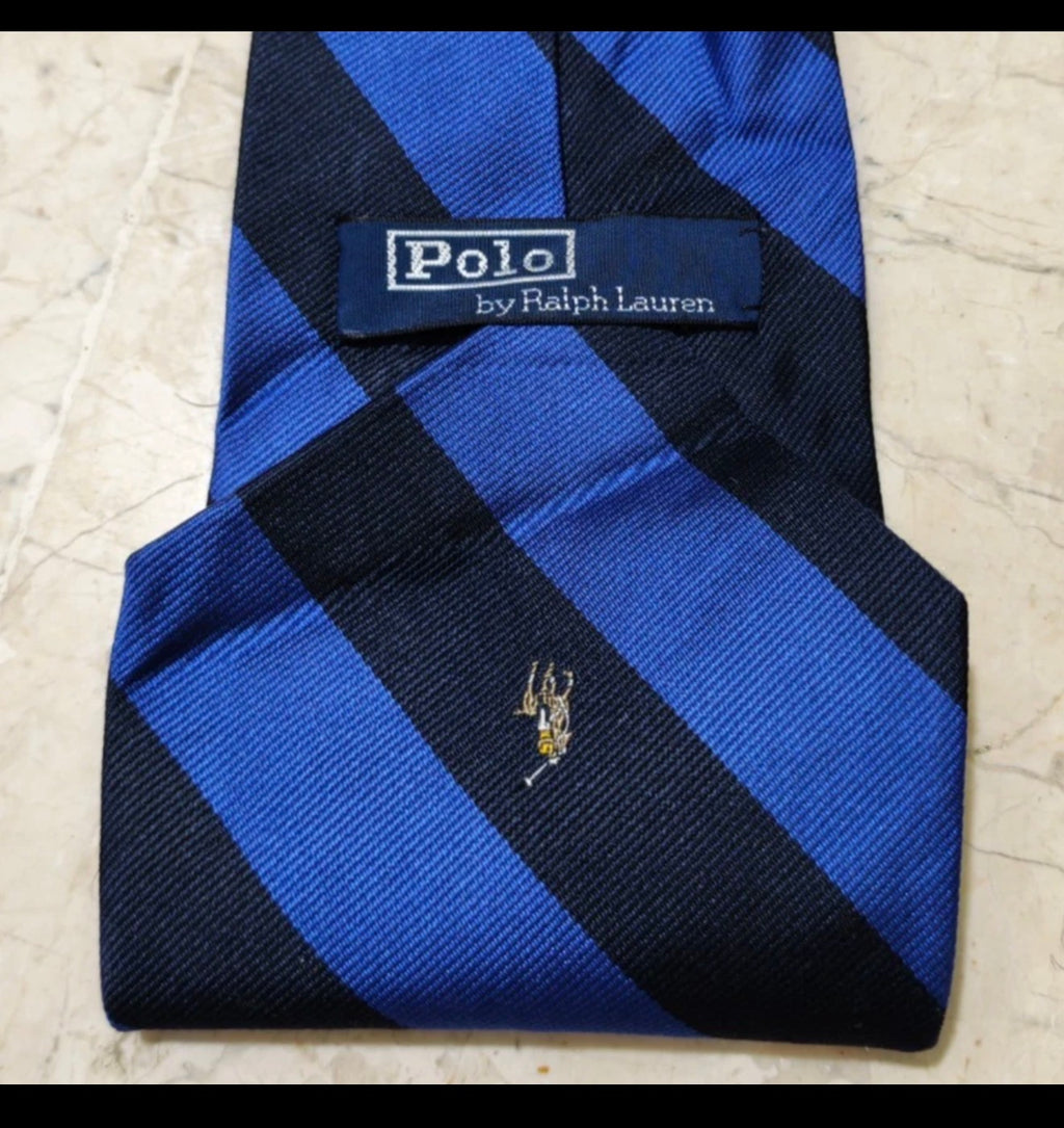 Vintage Polo Ralph Lauren 100% all silk luxury Navy blue awning neck tie