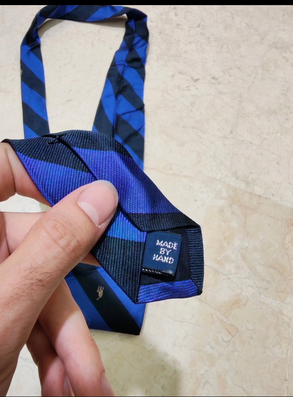 Vintage Polo Ralph Lauren 100% all silk luxury Navy blue awning neck tie