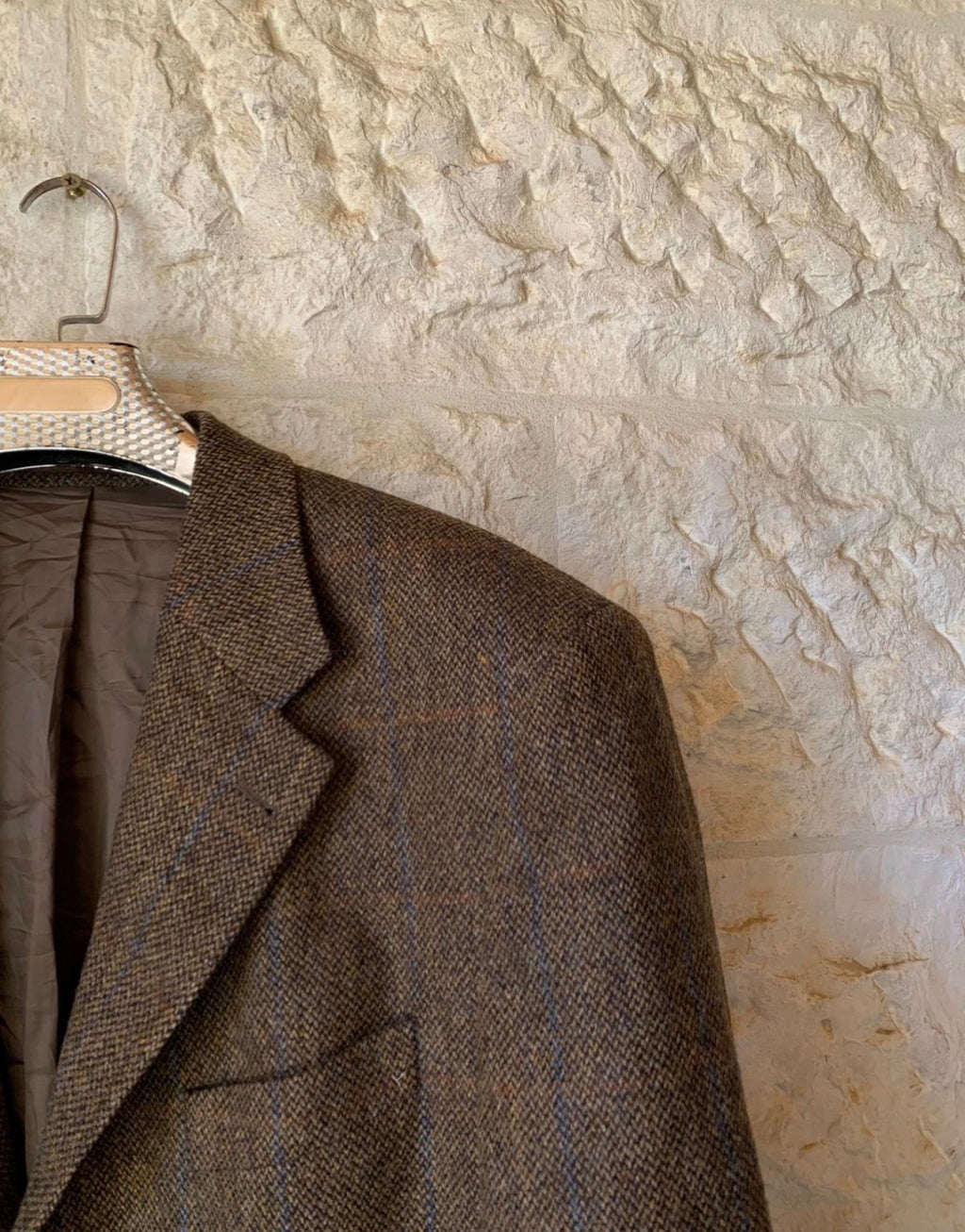 Vintage pure wool tweed Windowpane brown classic jacket blazer 46R XL