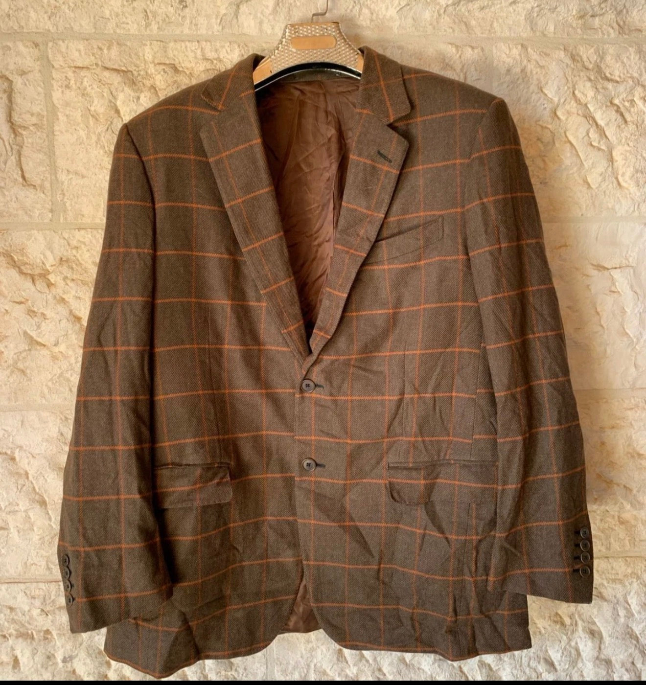 Vintage pure wool tweed Windowpane brown classic jacket blazer 42R