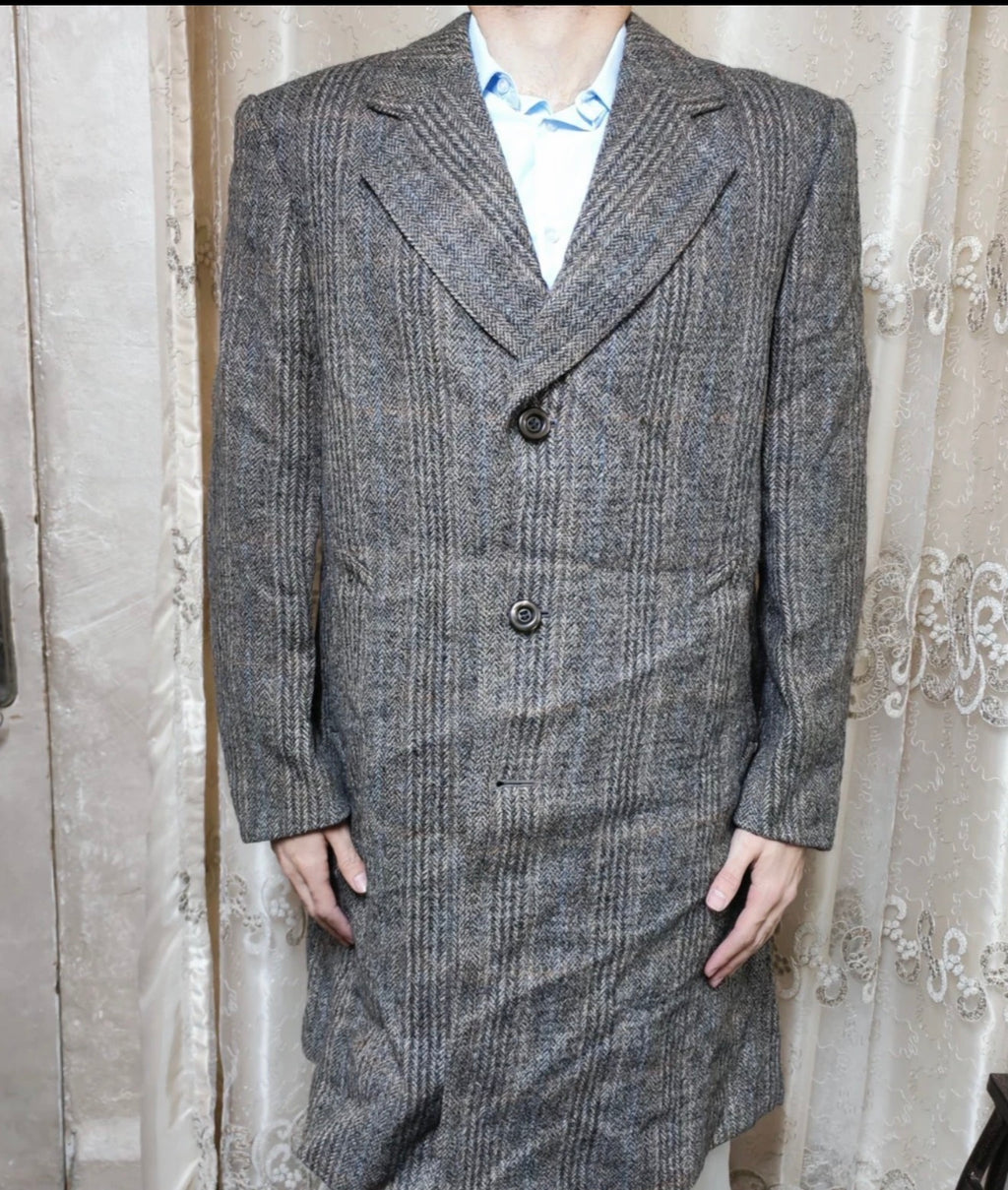 1970s vintage Windowpane pure wool handwoven tweed classic over coat 46R